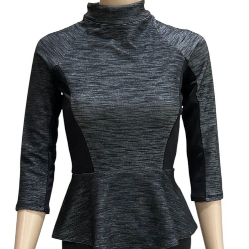 KAREN MILLEN Peplum Top Mixed Media Black Heather Gray Blouse XS NWT 🦋